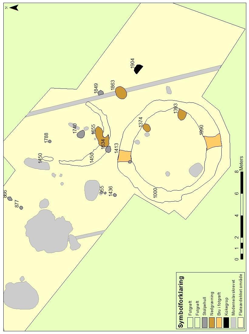 Figur 6: Oversiktskart over fotgrøfter, samt øvrige funn i sørøstlig ende av feltet