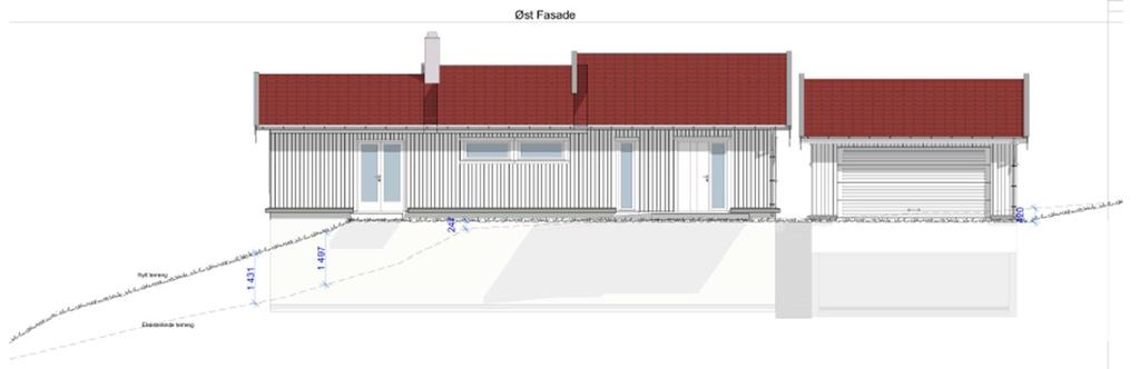 Fasaderekke med bolig og garasje viser at det bratte