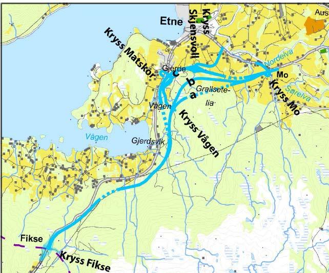 Delområde ØA: Fikse - Mo a) Tunnel + kryss Vågen b) Veg i dagen + kryss Vågen c)