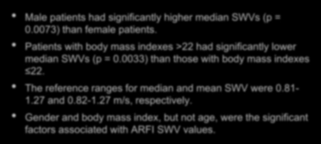 ARFI elastografi på 68 friske frivillige hva påvirker måleresultatet? Male patients had significantly higher median SWVs (p = 0.0073) than female patients.