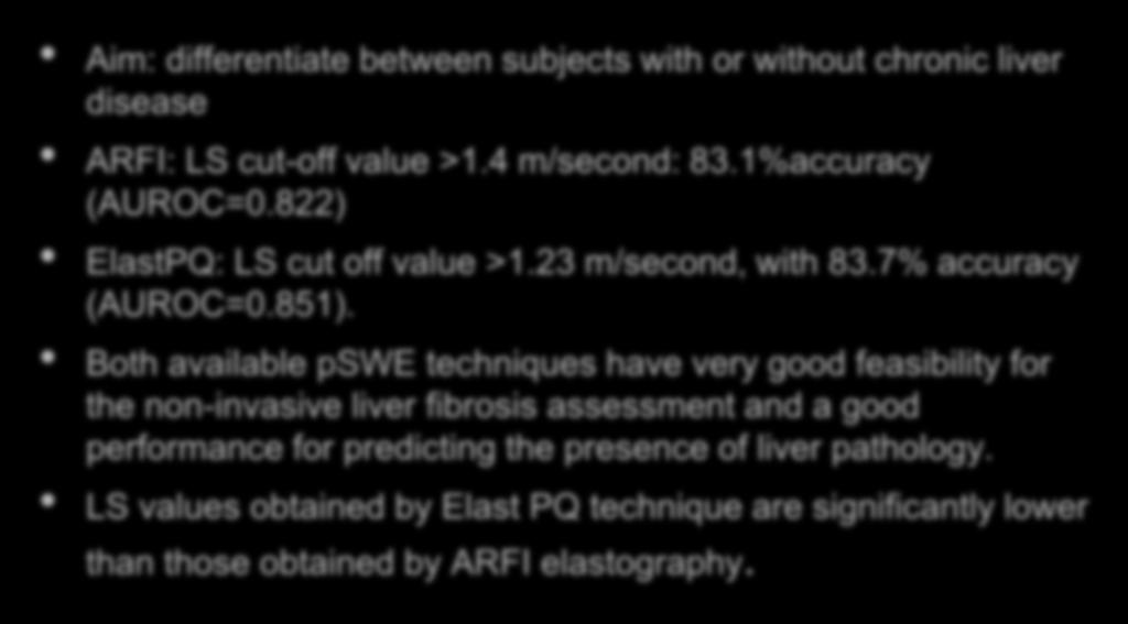 Both available pswe techniques have very good feasibility for the non-invasive liver fibrosis assessment and a good performance for predicting the presence of liver pathology.