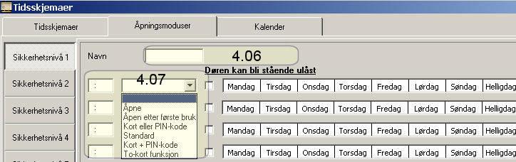4.06 Navn Her skriver man inn valgfritt navn for hver modus, f.eks. Ulåst hverdager. Skriv inn tiden for når døren skal gå automatisk ulåst og velg Åpne. 4.