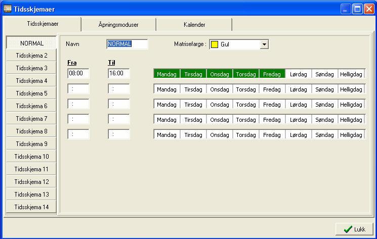 Lage tidsskjemaer I TS 1000 systemet kan det lages to typer tidsskjemaer ; tidsskjemaer for når kortbrukere skal ha adgang og tidsskjemaer for ulike dørfunksjoner (f. eks.