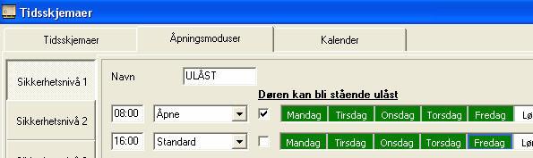 Tidsskjemaene som lages her, vil kunne velges som adgangsrettigheter i menyen Adgangsmatrise som er beskrevet senere i denne manual.