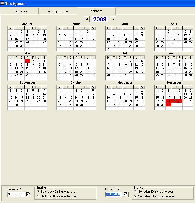 Kalender I TS 1000 systemet kan det defineres helligdagskalender, samt sommer- og normaltid.