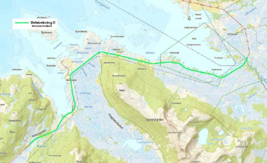 Oversiktskart delstrekning D, Reinsnes-Forfjord 2. FAKTA I SAKEN Planlegging av utbedring av Fv82 på strekningen Sortland-Risøyhamn startet i 2011.