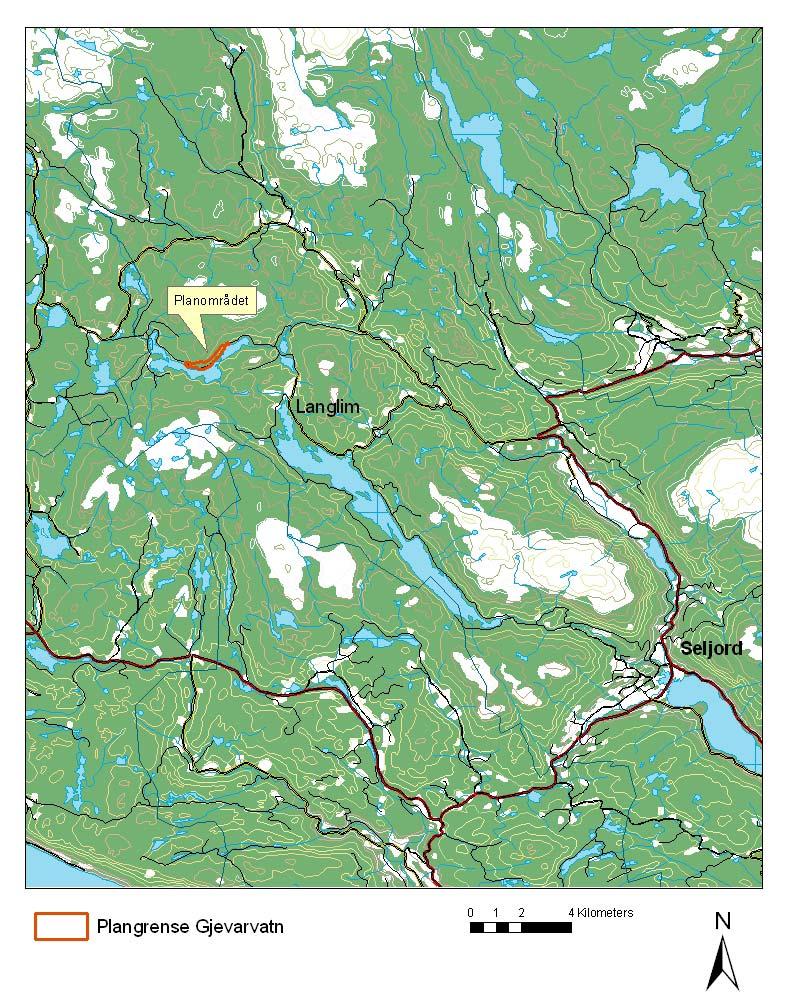 Området Området ligger på nordsiden av Gjevarvatn, nordvest for Langlim i Seljord kommune. Planområdet omfatter en drøye 2 km lang og mellom 50 300 m bred strekning.