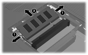 Ta tak i kantene av minnemodulen (2) og trekk den forsiktig ut av minnesporet. Plasser minnemodulen i en anti-elektrostatisk pose. 9.