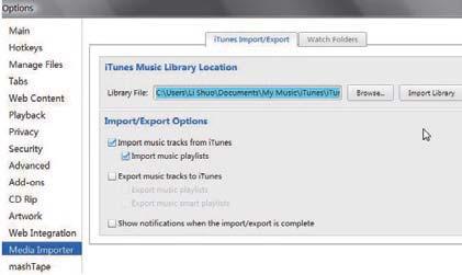 4 Klikk på knappen Import Library (Importer bibliotek) ved siden av bibliotekplasseringen.» Programvaren importerer itunesbiblioteket til Philips Songbird.