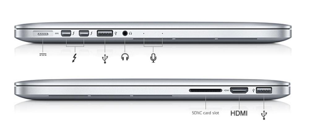 8) To 3.0 USB innganger. En HDMI inngang. En AUX inngang. SDXC- kort inngang. En lade inngang. To thunderbolt innganger.