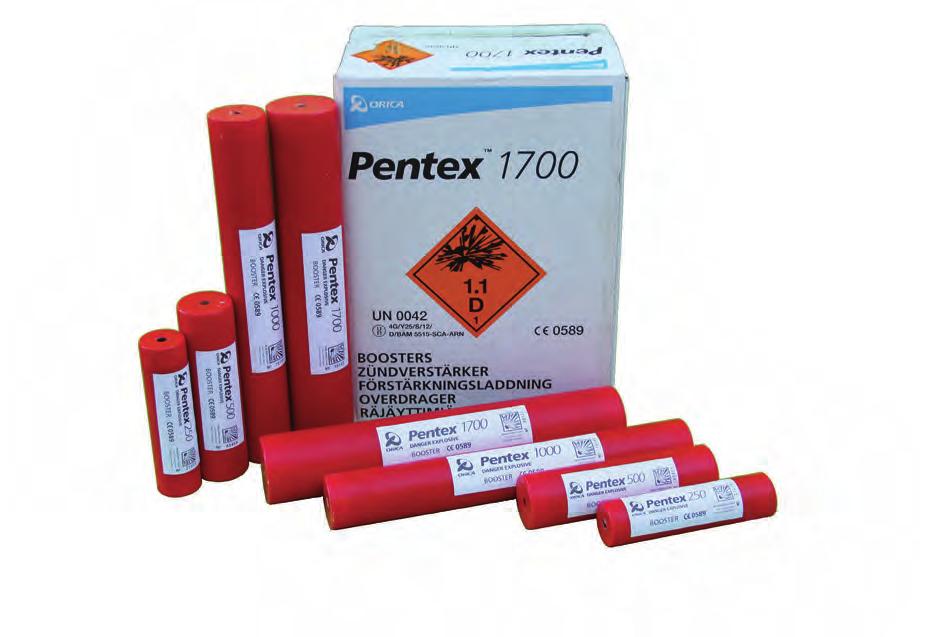 Pentex primere/boostere Orica har for større borehullsdiametre 4 primere/boostere for optimal initiering av bulksprengstoff.