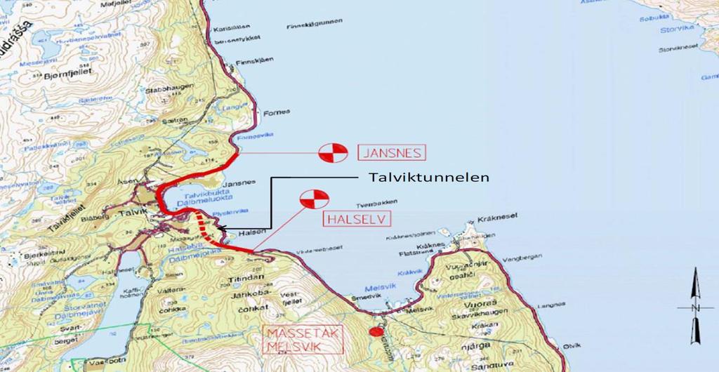 4.1.3 Talviktunnelen a. Innledning Talviktunnelen ble bygget i perioden 211 til 213. Tunnelen har en lengde på 835 meter og har en forventet trafikkmengde på ÅDT = 115 i tunnelklasse B, profil T9,5.