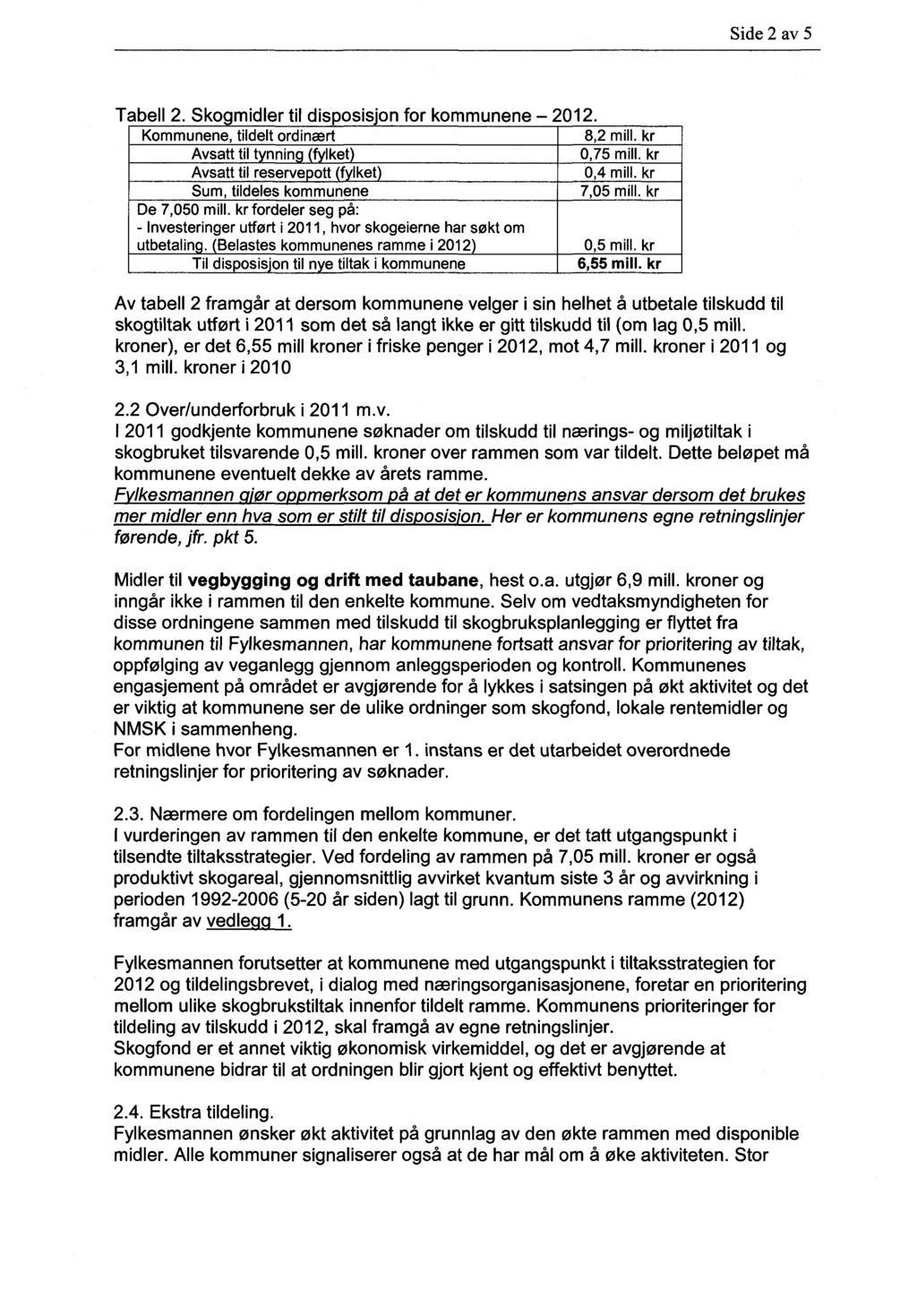 Side 2 av 5 Tabell 2. Sko midler til dis osis'on for kommunene 2012.