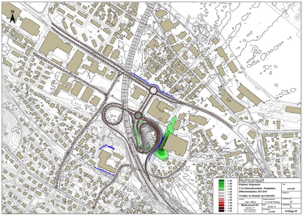 Støy - Bangeløkka Differanseplott, viser endring av støy som følge av nytt løp i