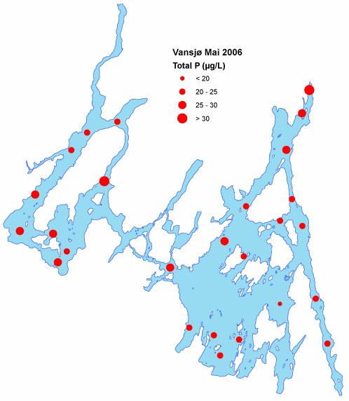 Siktedypet varierte mellom 1,1 og 2 meter, med en middelverdi på 1,6 meter og med de største verdiene i den østlige delen av Storefjorden og den nordlige delen av Vanemfjorden (figur 1, venstre).
