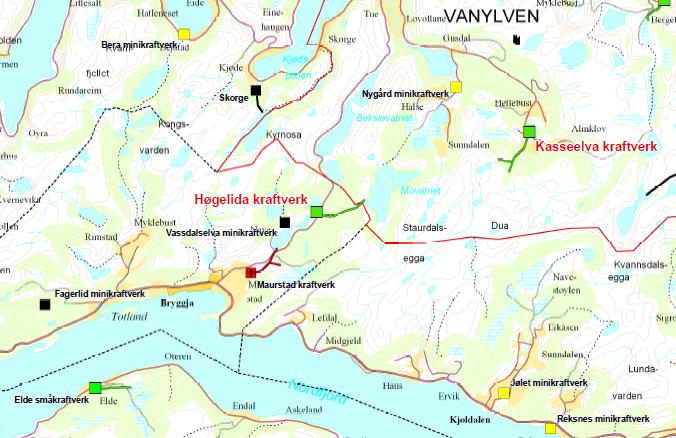 Side 4 av 8 Klipp frå oversiktskart i grenseområdet mellom Vågsøy og Vanylven. Grøn strek er planlagt rørgate og grøn firkant er planlagt kraftverk. Svarte firkantar er utbygde kraftverk.
