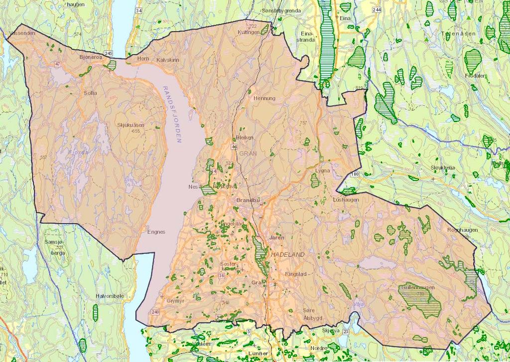 Naturbase Gran kommune Totalt 407 registreringer i Naturbase Naturtyper: Andre viktige forekomster (1) Artsrik vegkant (17) Beiteskog (3) Bekkekløft og bergvegg (1) Dam (17) Deltaområde (5)