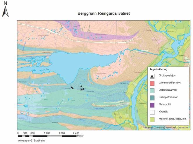 Kapittel 1 INNLEDNING Figur 1. 2. Berggrunnskart over feltområdet. Figuren viser hvilke bergarter som finnes i feltområdet i tillegg til noen avsetninger som ligger nede ved dalbunnen.