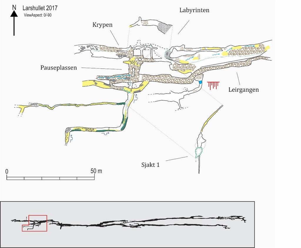 Kapittel 4 RESULTAT Figur 4. 4. Labyrinten og Sjakt 1. Det nederste bildet viser hvor i Larshullet området befinner seg (markert med en rød firkant). 4.1.1.3 Storkirken Dette avsnittet beskriver passasjene mellom Labyrinten og Storkirken.