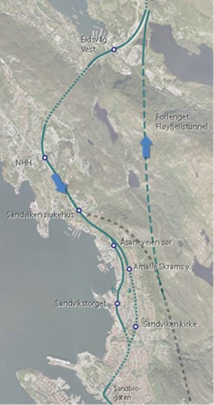 Ett-løps tunnelforlengelse Dagens firefelts E39 i Åsaneveien brukes til all trafikk, både lokal og gjennomgående. Trafikkmengdene (ÅDT 56.