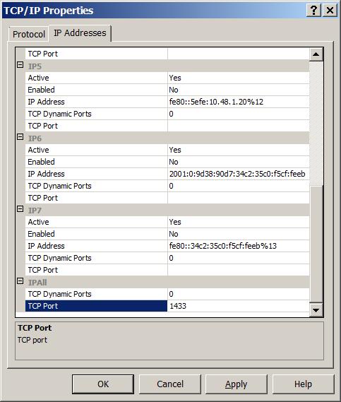 Gå inn på fanen «IP Addresses» og gå lengst ned i listen til valget «TCP port» under «IPAll» (alle IP). Her skriver du inn tallet 1433 som vist i vinduet og setter «TCP Dynamic Port» til blank.