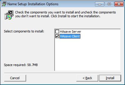 Sett en hake for «HAsave Client» og trykk så på «Install».