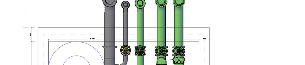 DN300 blindflens med " gjenget avstikk og " sterk service (for trykksetting ved innføring av renseplugg, rør Lmin=500mm) og overgang DN300-DN00. Samt flenser.