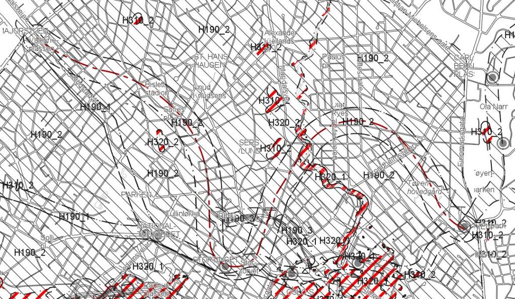 Figur 1.2: Utsnitt av plankart i kommuneplanen, trase for metrotunnel er markert i rødt, hensynssone i svart.