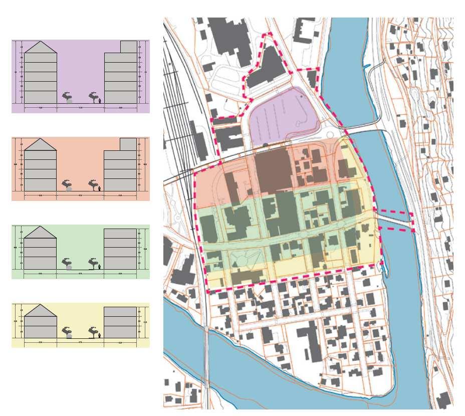 Prinsipp for byggehøyder Maks 5 etasjer med saltak + loft Maks 6 etasjer med flatt tak Maks 4 etasjer med saltak + loft Maks 5 etasjer