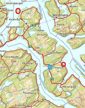 DEL 1: Forvaltningsplan for statlig sikra friluftslivsområder Tingvoll for 2013-2018 Figur 1. Kart frå Gislink. Raud ring gjeld områda omtala.