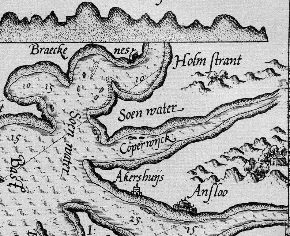 Figur 2: Utsnitt fra Waghenaers sjøatlas fra 1584 (Waghenaer 1964) Kart Den hollandske kartografen Lucas Janszoon Waghenaer ga i 1584 ut et atlas med sjøkart kalt Spieghel der zeevaerdt (sjøfartens