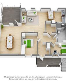 En etasjes leilighet - 3 roms, 93 kvm Leilighet med samme planløsning som Trysilhus Standard, men med ekstra stue på 22 kvm. Kjøkken med åpning mot en lys og romslig spisestue.