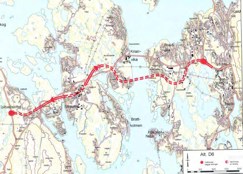 Alternativ D6 Alternativ C6 er basert på senketunnel (betongkulvert) som ligg på havbotn mellom Sotra og Bergen. Strekninga mellom Straume og Storavatn vert om lag 5 km. lang, dvs. 2 km.