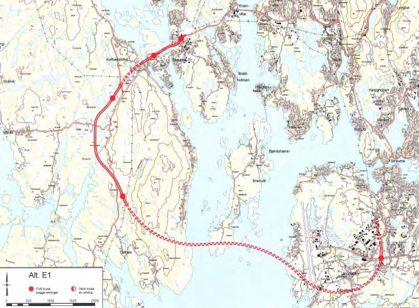 5.5.2 Aktuelle traséalternativ Alternativ E1 E1 er ein undersjøisk tunnel i ein søndre korridor mellom Tellnes og Birkelandskrysset. Tunnelen vert om lag 11 km. lang og -165 meter som lågaste punkt.