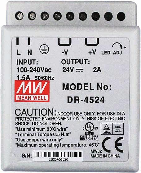 Generelt tilbehør Strømforsyning 24 VDC, SMPS-type, for montering på DINskinne 93 78 66 Strømforsyning 24 VDC, SMPS-type, for montering på DIN-skinne Strømforsyning til SafeLine-produkter med