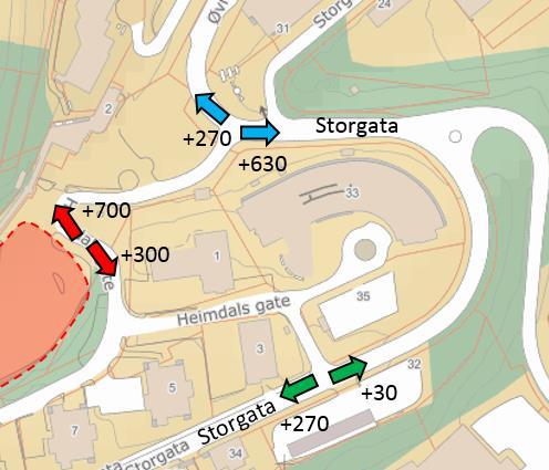 Figur 10: Økning i ÅDT på veinettet (kartkilde: kart.finn.no). Oppmålinger på flyfoto viser at Storgata har en bredde på ca.