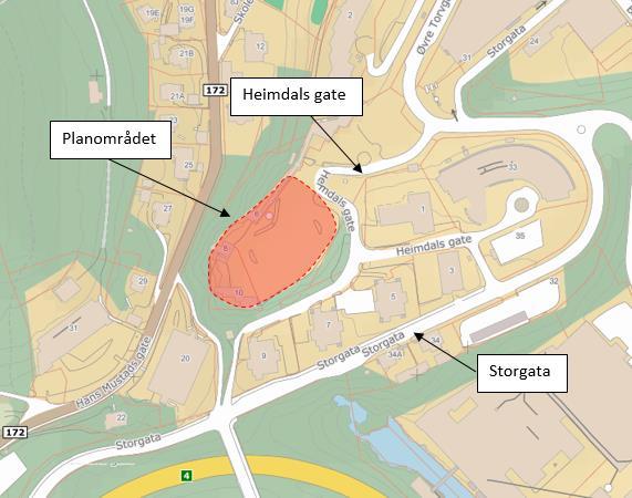 2 Dagens situasjon 2.1 Beskrivelse Planforslaget ligger i Heimdals gate på Gjøvik, som er en sentralt beliggende gate i byen. Planområdet er i dag dekket av asfalt og det eksisterer ca.