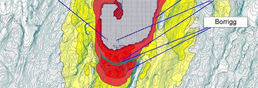 kartgrunnlaget. Figur 6: Etappe 2 med borrigg plassert høyt. Finknuser står på samme sted som under etappe 1. Hjullastertrafikken er utvidet. Grovknuseren er flyttet nærmere bruddkanten.