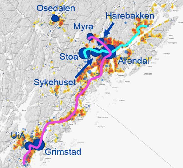 Figur 4. Søylene viser antall arbeidsplasser innenfor én km radius. (Kilde: SSB/GIS analyse ved Gunnar Ogwyn Lindås 2016) Mellom Arendal og Grimstad er det nesten sammenhengende bebyggelse.