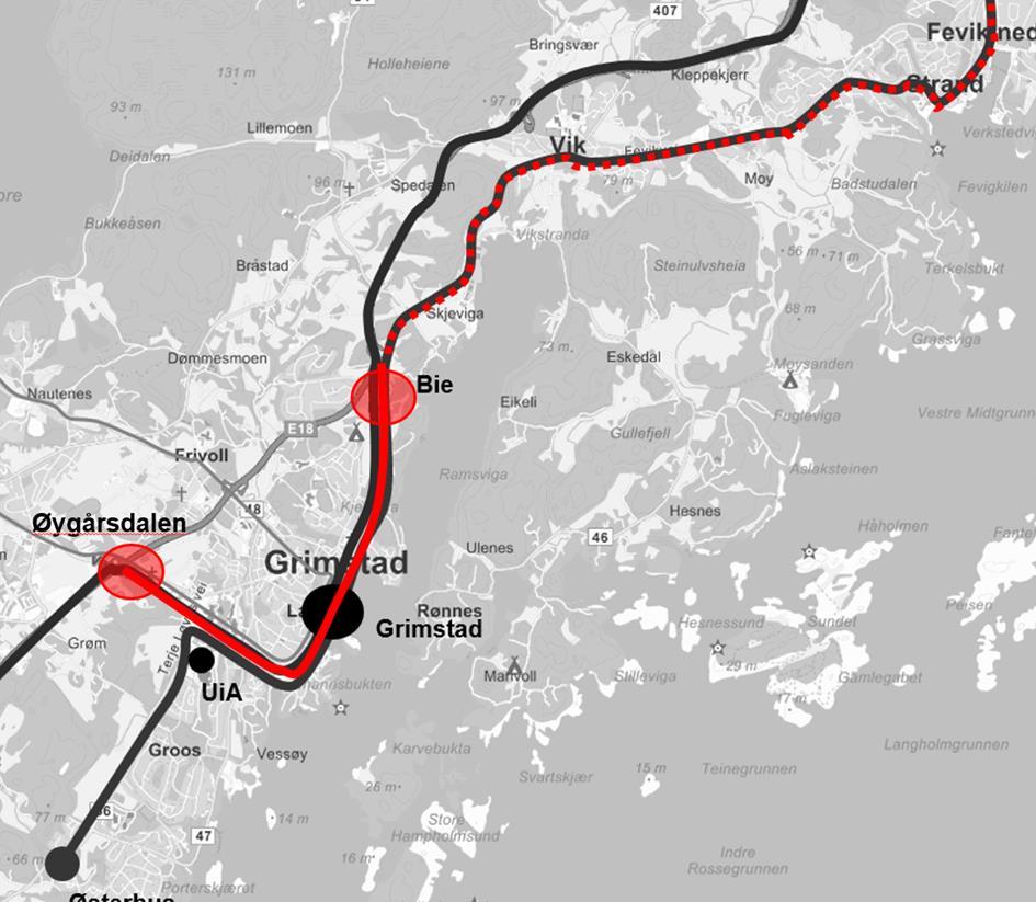 Fremkommelighet gjennom Grimstad Det aller viktigste er at man opprettholder god fremkommelighet på strekningen gjennom Grimstad sentrum fra Øygårdsdalen til Bie (vist med heltrukken rød linje).