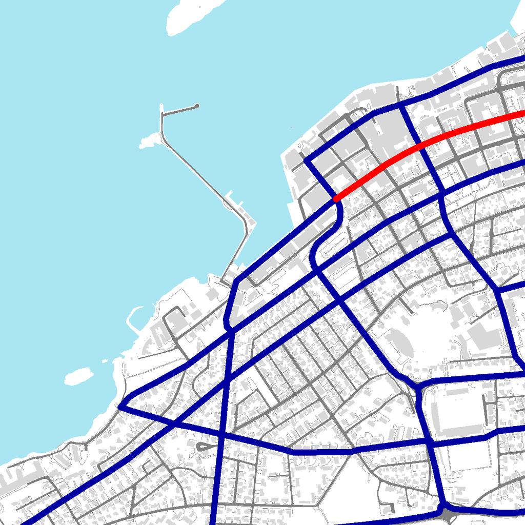 Dronningens gate Strekning: Dronningens gate fra Snippen til Moloveien. Ca. 1,1 km lang. 6-9 meter bred kjørebane.