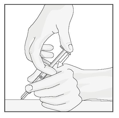 Figur 18 Når kanylen er fullstendig innstukket i huden skal du slippe huden som du holder i. Hold sprøyten med den ledige hånden for å stabilisere den.
