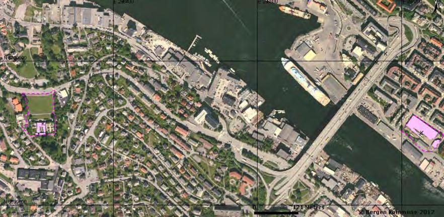 Flyfoto fra 2005, planområdet markert med rød sirkel 4.5 Bygninger på eiendommen De første bygningene innenfor planområdet var enkle plankeskur satt opp av Gyldenpris Slip & mek.