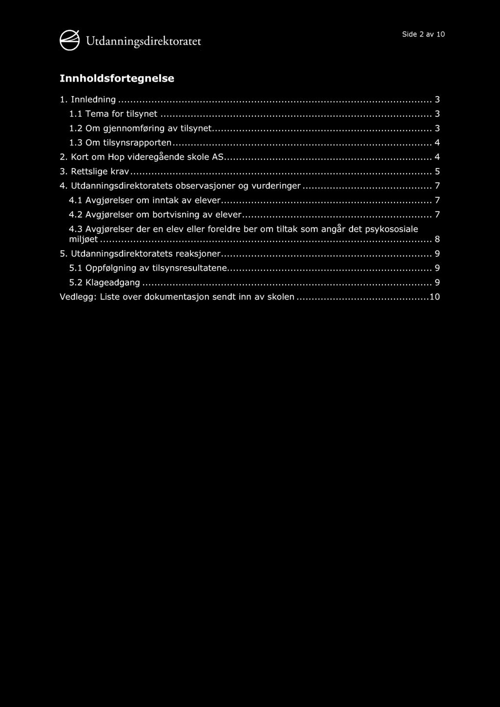 Side 2 av 10 Innholdsfortegnelse 1. Innledning............ 3 1.1 Tema for tilsynet......... 3 1.2 Om gjennomføring av tilsynet......... 3 1.3 Om tilsynsrapporten......... 4 2.