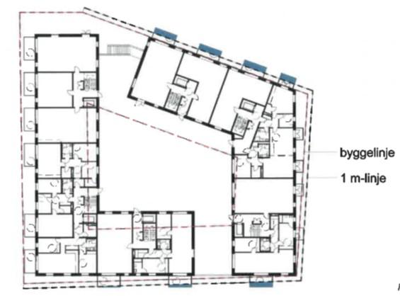 3.3.2 Byggegrenser for balkonger I henhold til reguleringsbestemmelsene kan taktutstikk og balkonger krage ut inntil 1 m utover byggegrensen fra bygningens veggliv.