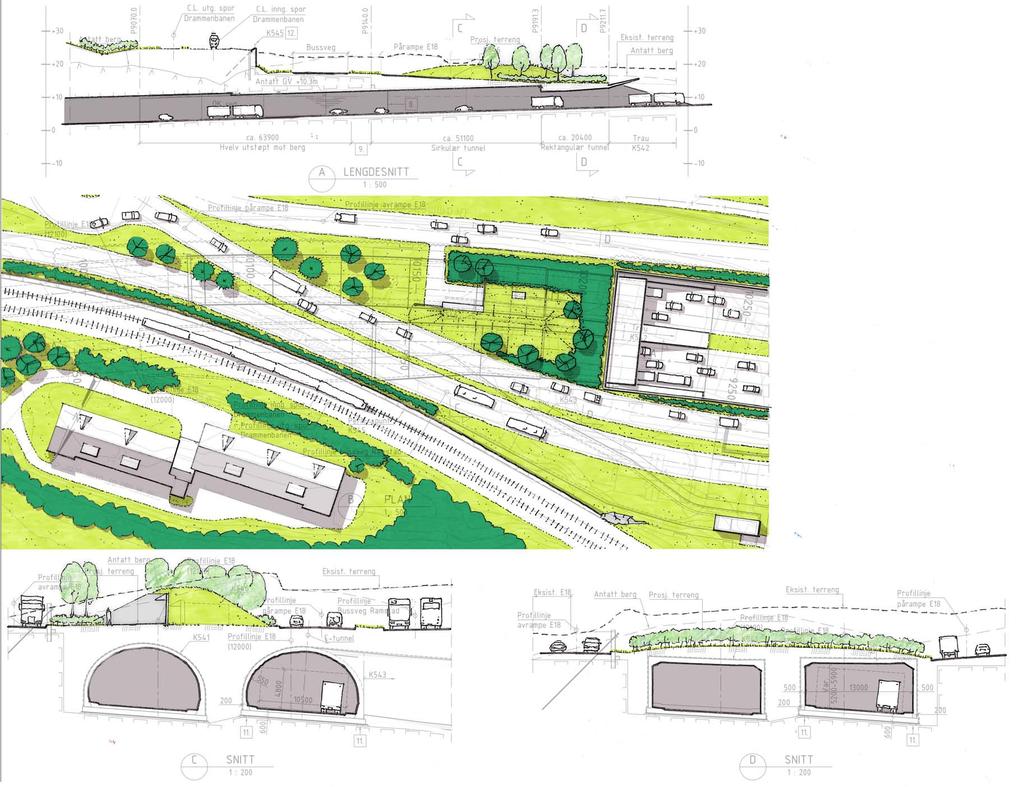 BEMERKNINGER Pårampe E18 Bussveg D Prosj. terreng P9211.7 12. P9191..L. utg. spor Drammenbanen P914. ntatt berg P97. 7,5% Eksist. terreng ntatt berg ntatt GV +1.m OK veg ca. 24 Rektangulær tunnel ca.