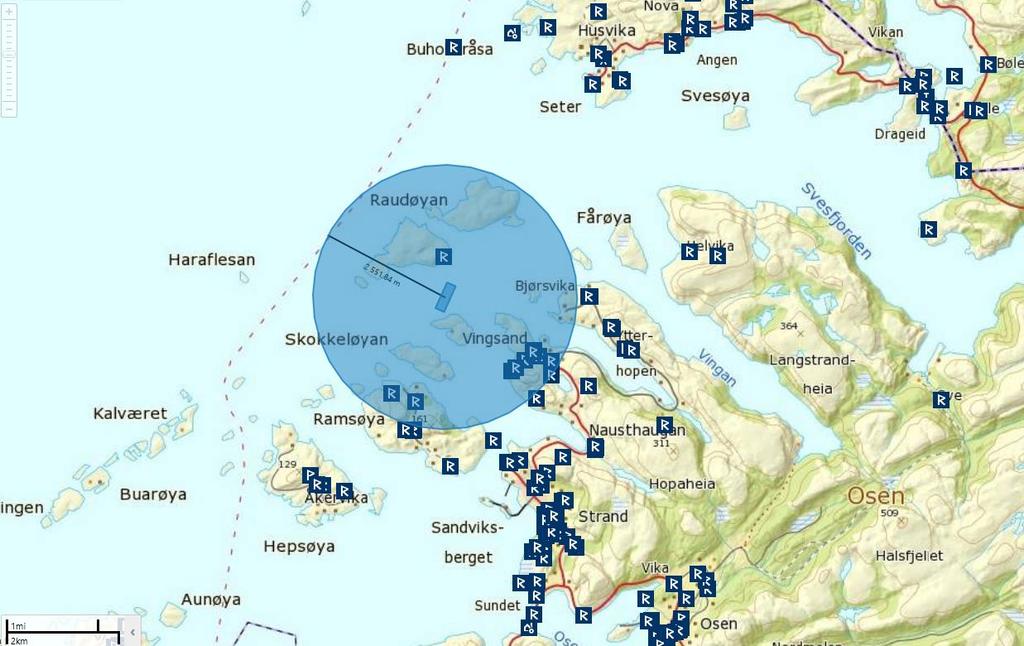 Figur 11: Oversikt over kulturminner registret i området rundt Nordre Skokkeløy, radius 2,5 km. Målestokk 1:60 000.