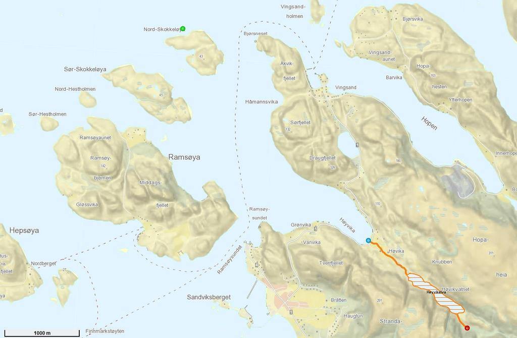 Det er registrert ett anadromt vassdrag (Figur 12) innenfor en 5 km radius av Nordre Skokkeløy, som er Høyvikelva og ligger rundt 3,8 km sørøst for lokaliteten.