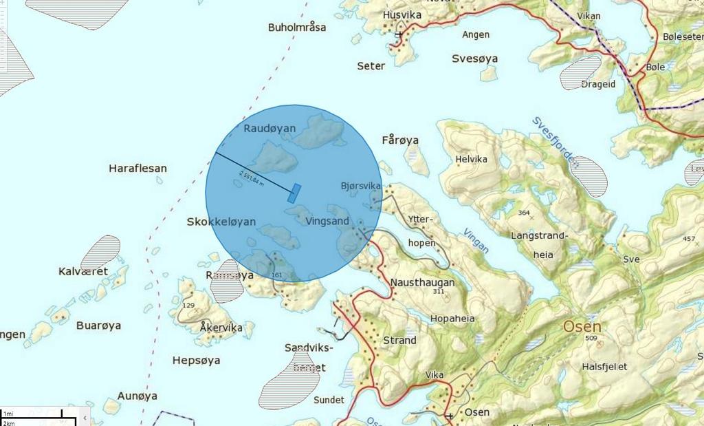 Hensynskrevende artsområder Det er ingen umiddelbar nærhet til gytefelt for torsk (se Figur 7). Et gyteområde for torsk ligger rundt 3 km sørvest for anlegget, på vestsiden av Ramsøya.