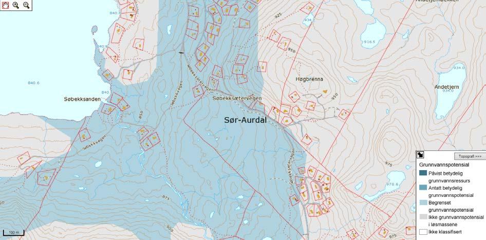 Figur 3, Viser grunnvannspoetnsialet og som vi ser er det begrenset i dette området De fleste eksisterende brønnene i området har en dybde på mellom 100 og 120 meter, der flere brønner er trykket for